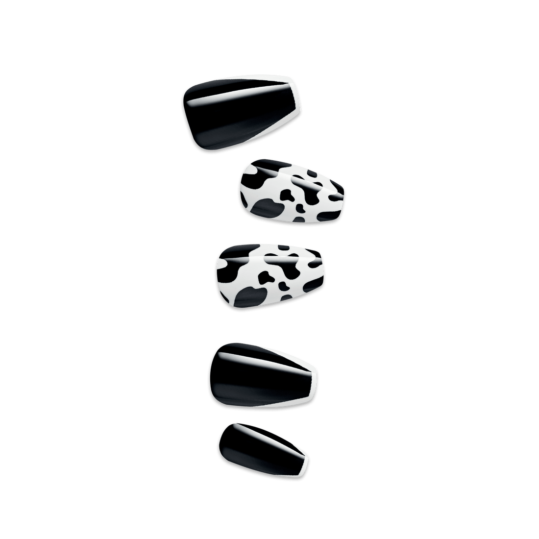 Set of five glossy press-on nails with black and white cow print and solid black designs, shaped in a modern square-oval style.