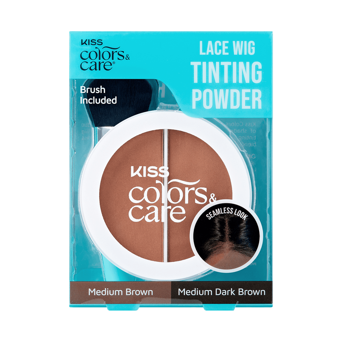 Kiss Colors &amp; Care lace wig tinting powder packaging with two brown shades.