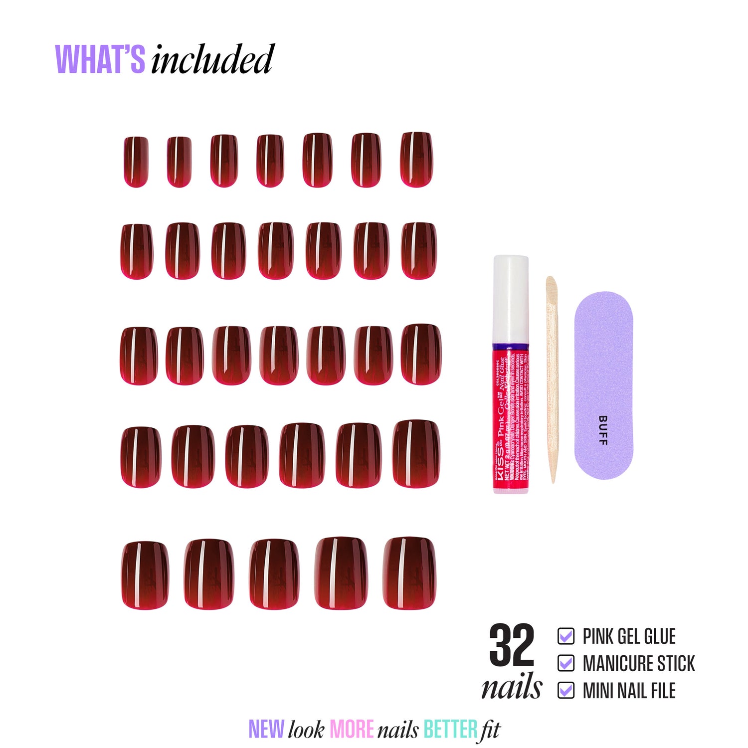 32 red ombre press-on nails with gel glue, manicure stick, and mini nail file included.