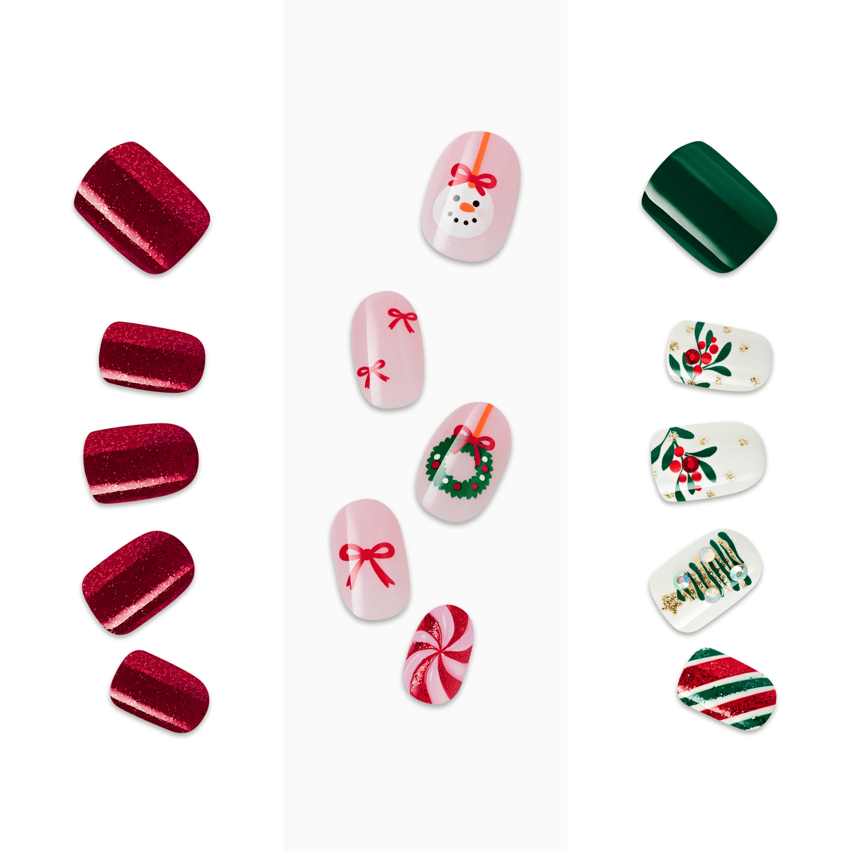 Impress Design Holiday No Glue Fake Press On Nails - Merry Muse Gift Set | Design, Multicolor, Short, Squoval, 3 Manicure Sets Included