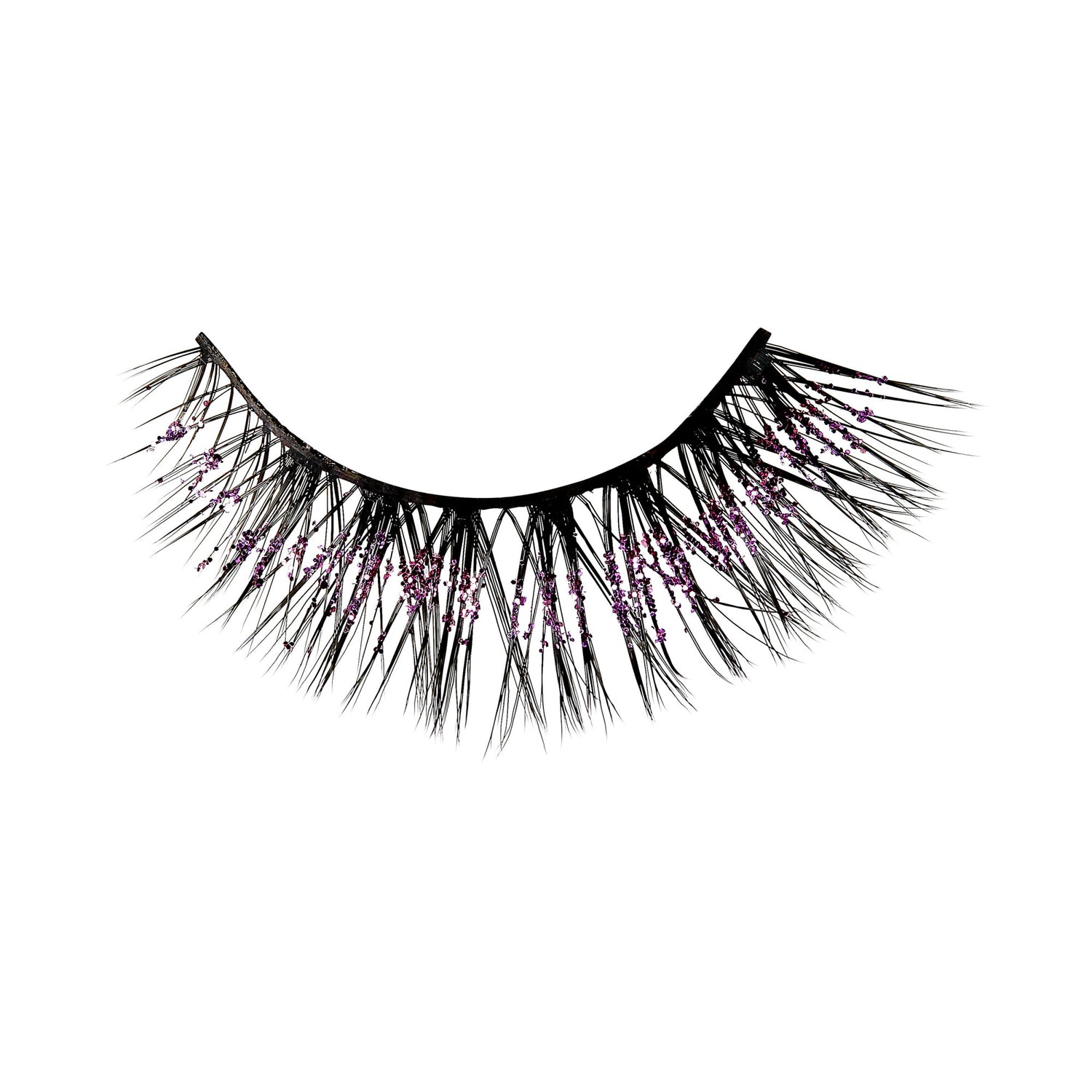 Black false eyelashes with purple glitter accents and curved band.