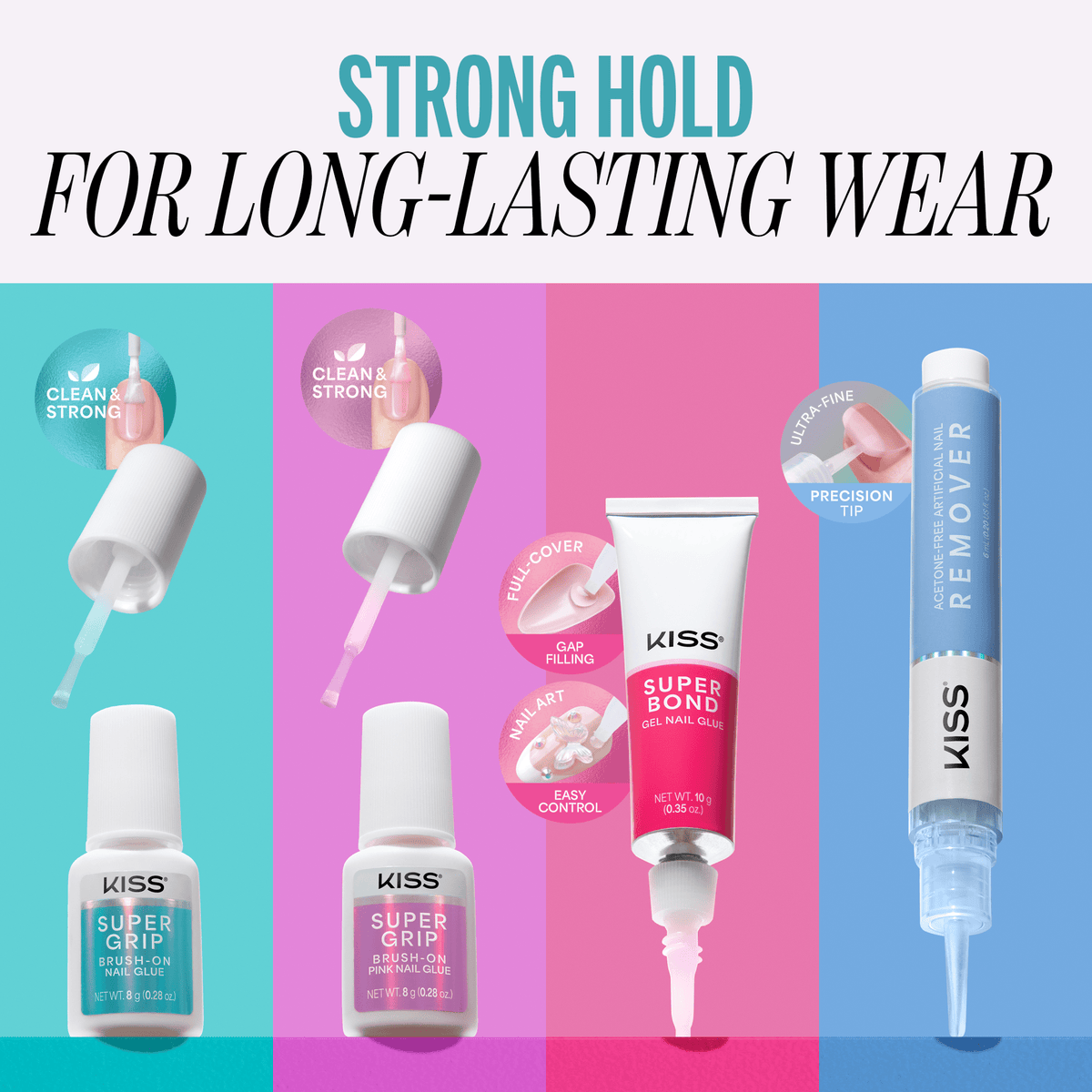 Kiss SuperGrip Brush-On Nail Glue | Nail Adhesive, Press-On Glue, Vitamin E Infused, Long-Lasting Wear, Clean &amp; Strong, 0.28 oz.