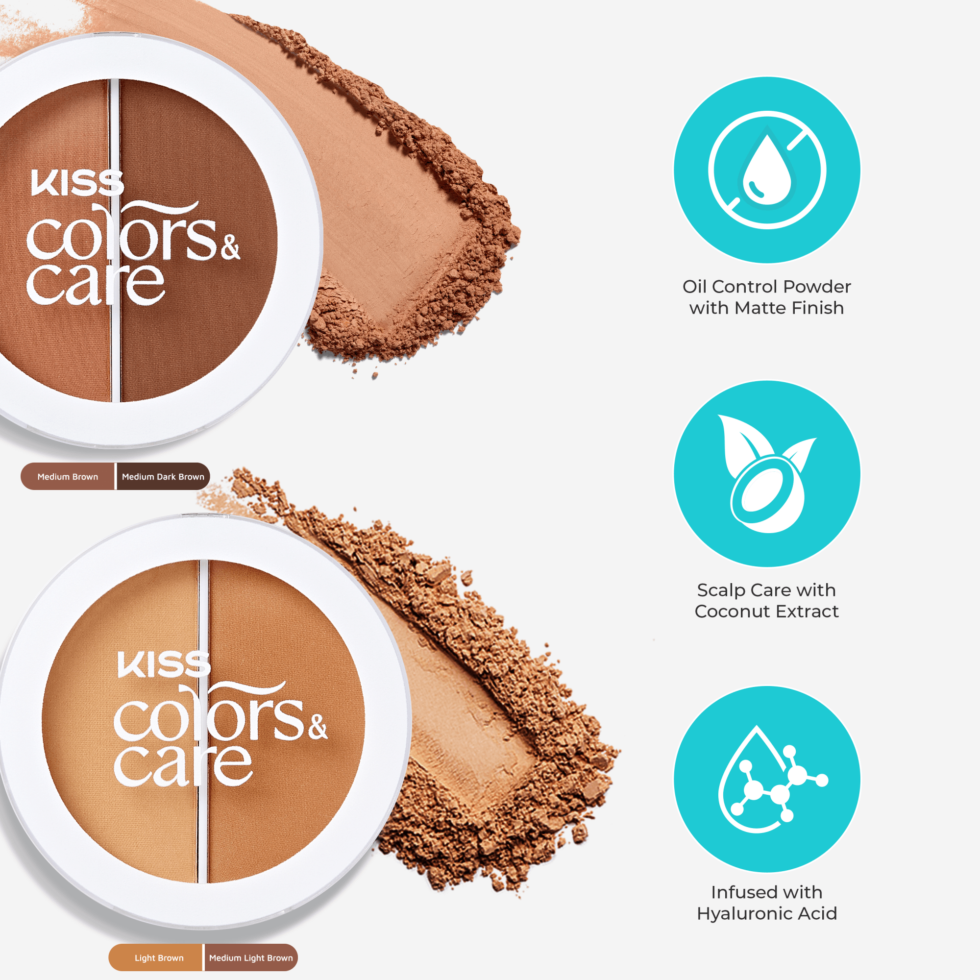 Kiss Colors &amp; Care oil control powder with texture and feature icons on a white background