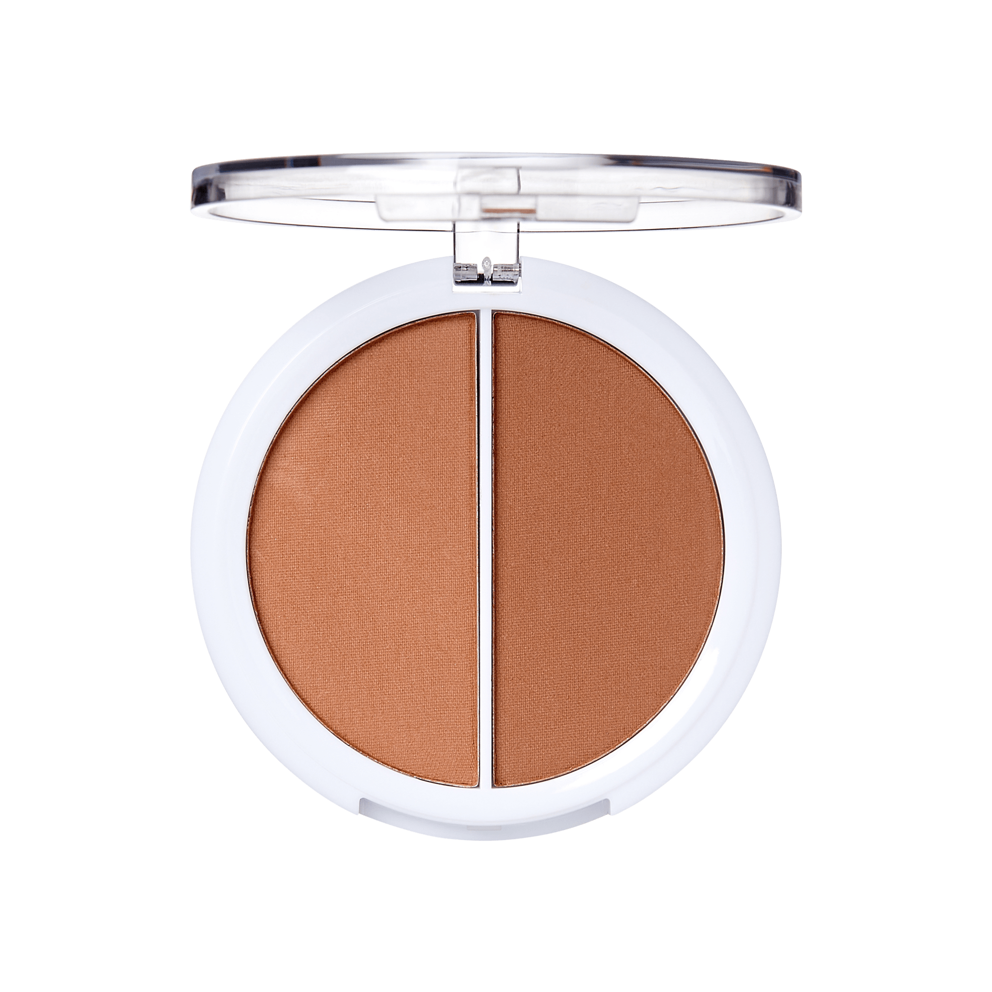 Compact makeup with two brown shades in a round case on a white background